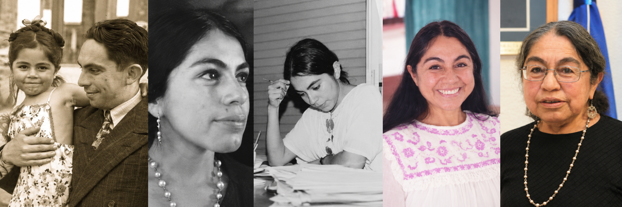 Andrea Revueltas en cinco etapas de su vida: desde su infancia junto a su padre, José Revueltas, hasta su madurez como profesora e investigadora.